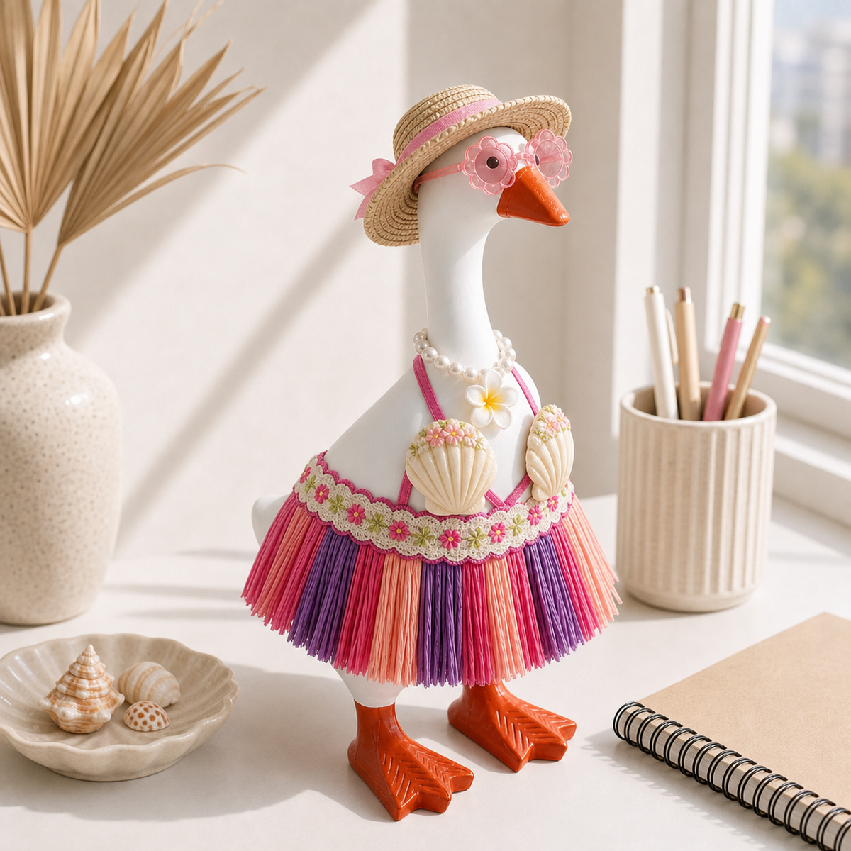 Complete tropical hula outfit set displayed on 7-inch Desk Goose